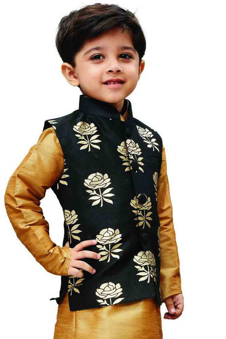 Boy's Art Silk Printed Nehru Jacket in Black