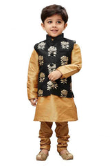 Boy's Cotton Art Silk Printed Kurta And Pajama Set In Gold