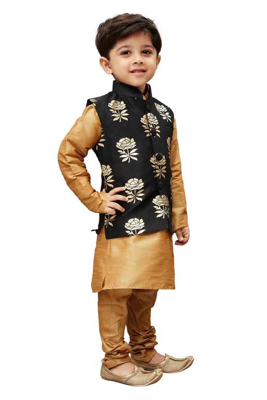 Boy's Cotton Art Silk Printed Kurta And Pajama Set In Gold