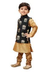 Boy's Cotton Art Silk Printed Kurta And Pajama Set In Gold