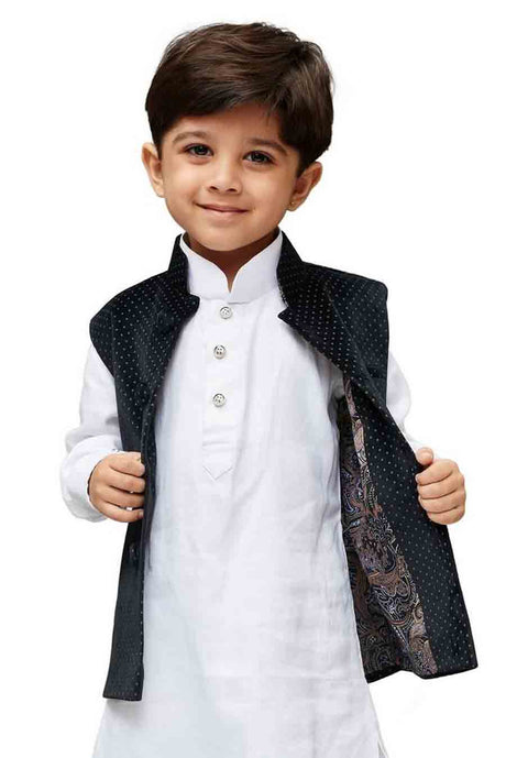 Boy's Velvet Printed Nehru Jacket in Black