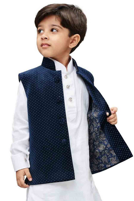 Boy's Velvet Printed Nehru Jacket in Blue