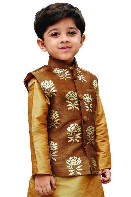 Boy's Art Silk Printed Nehru Jacket in Brown
