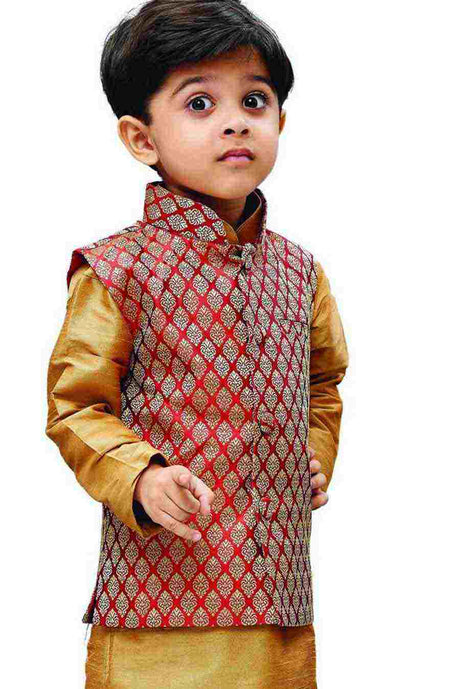 Boy's Art Silk Woven Design Nehru Jacket in Maroon