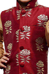 Boy's Art Silk Printed Nehru Jacket in Maroon