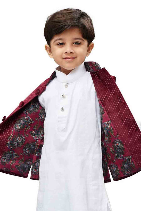 Boy's Velvet Printed Nehru Jacket in Maroon