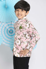 Buy Boy's Silk Blend Floral Print Jodhpuri in Pink - Front