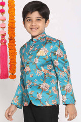 Buy Boy's Silk Blend Floral Print Jodhpuri in Turquoise - Front