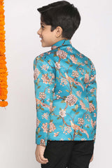 Buy Boy's Silk Blend Floral Print Jodhpuri in Turquoise - Back