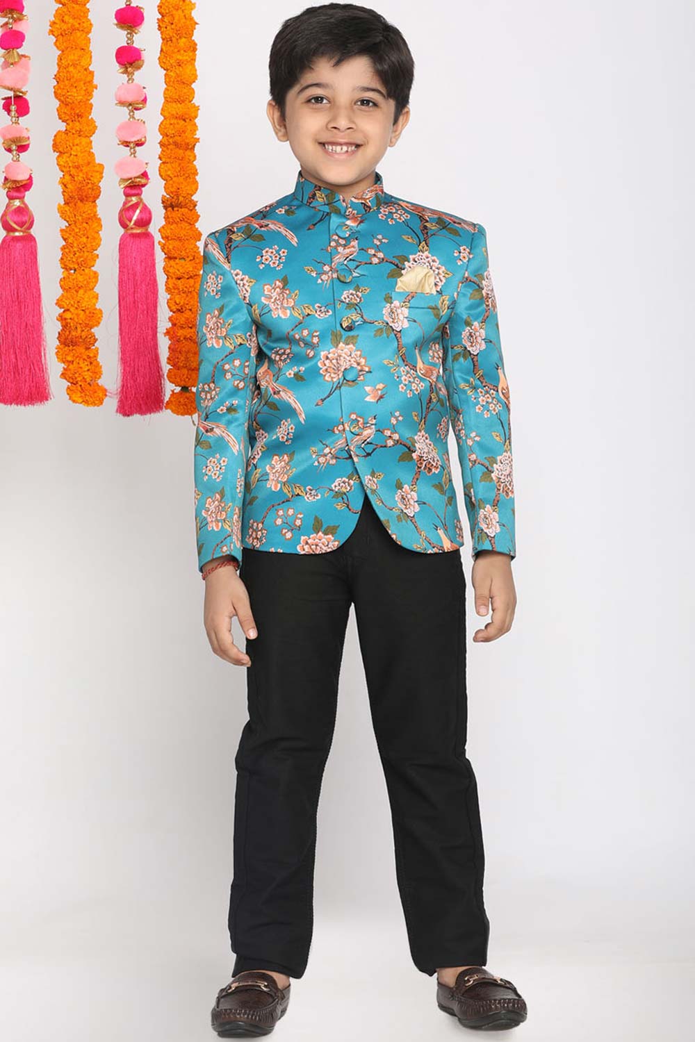 Buy Boy's Silk Blend Floral Print Jodhpuri in Turquoise - Zoom in