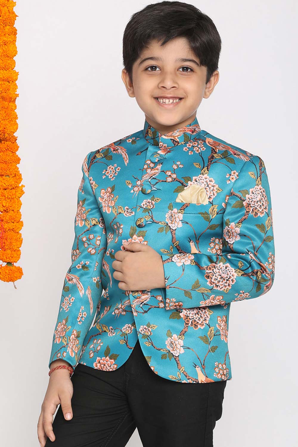 Buy Boy's Silk Blend Floral Print Jodhpuri in Turquoise