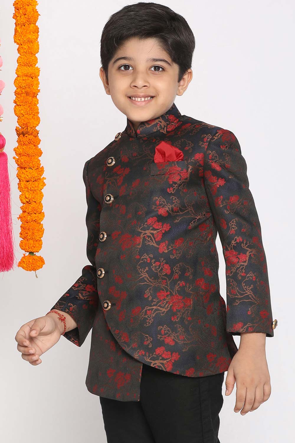 Buy Boy's Silk Blend Floral Print Jodhpuri in Maroon - Front