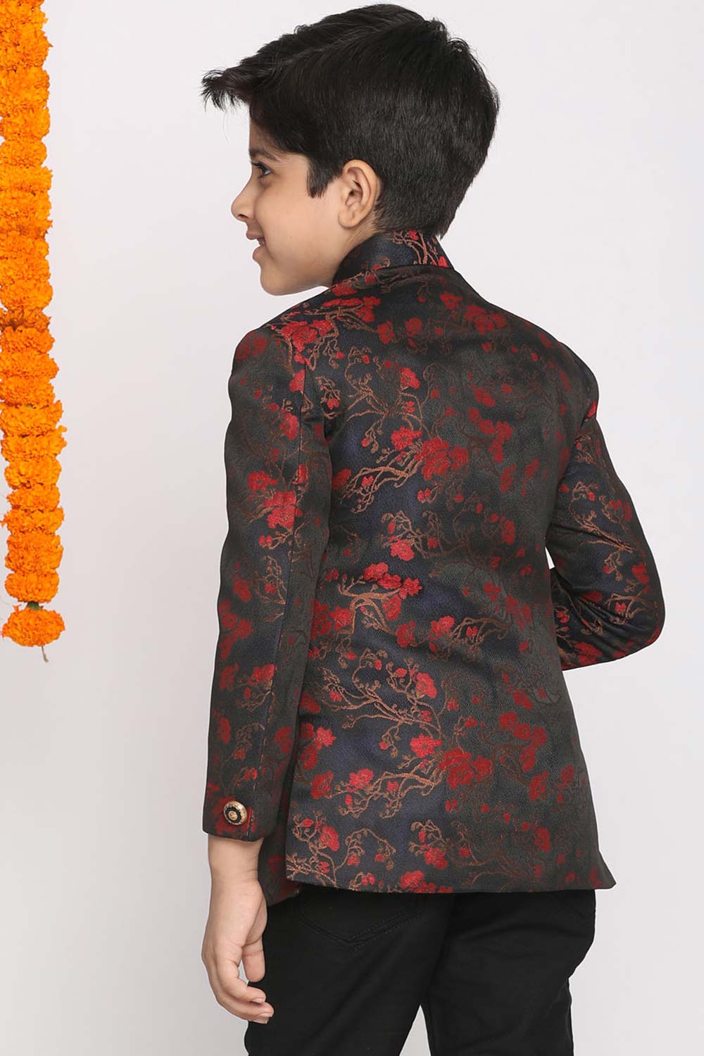 Buy Boy's Silk Blend Floral Print Jodhpuri in Maroon - Back