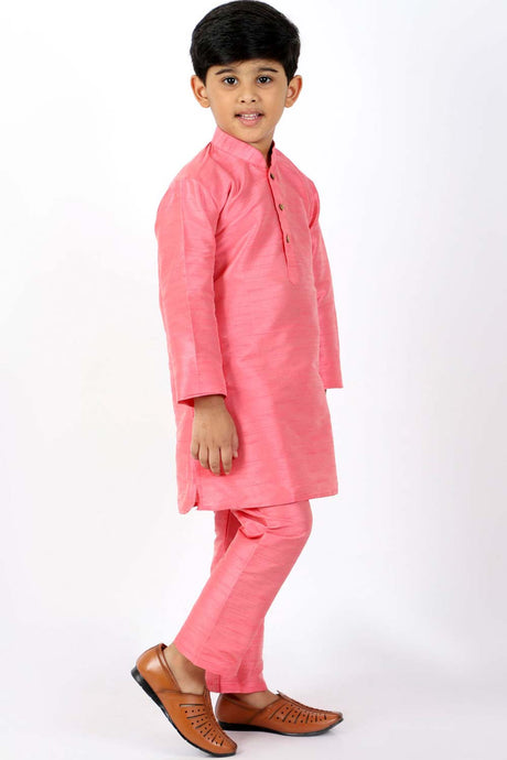 Buy Boy's Silk Blend Solid Kurta Set in Pink - Front