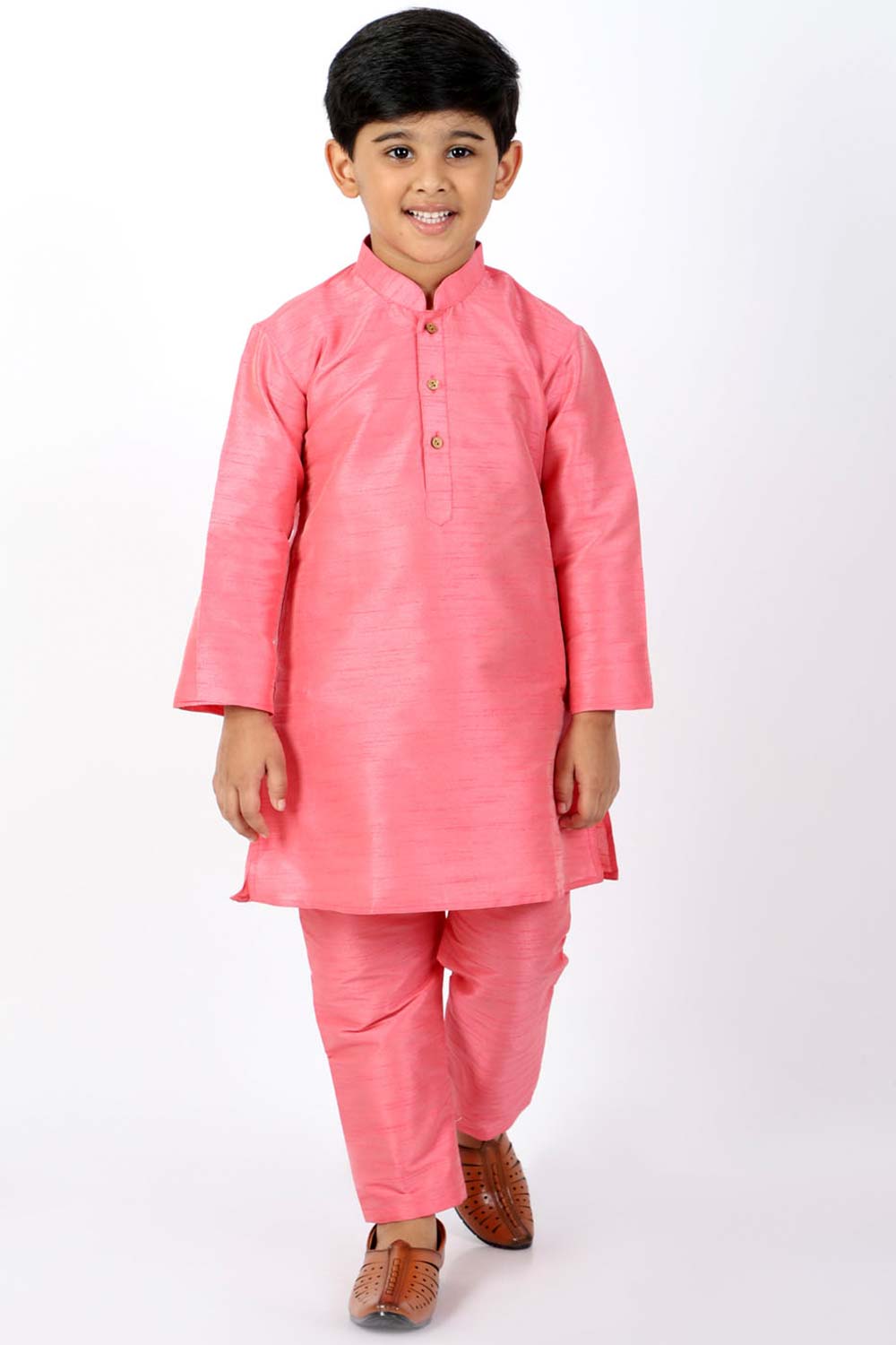 Buy Boy's Silk Blend Solid Kurta Set in Pink