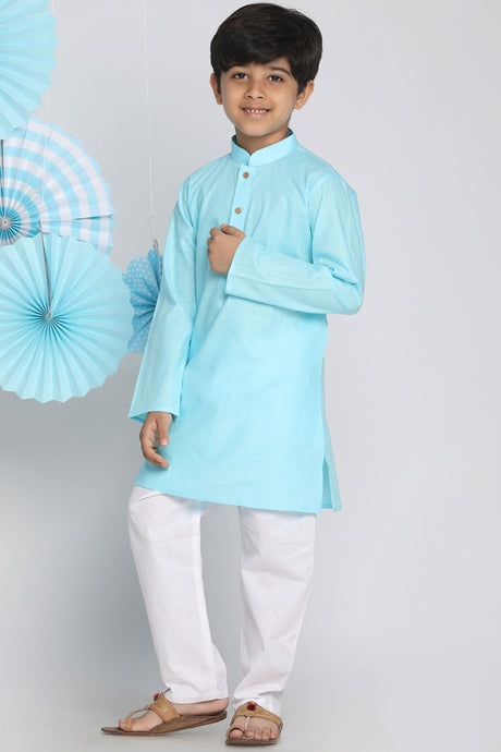 Buy Boys Blended Cotton Solid Kurta Pyjama Set in Aqua