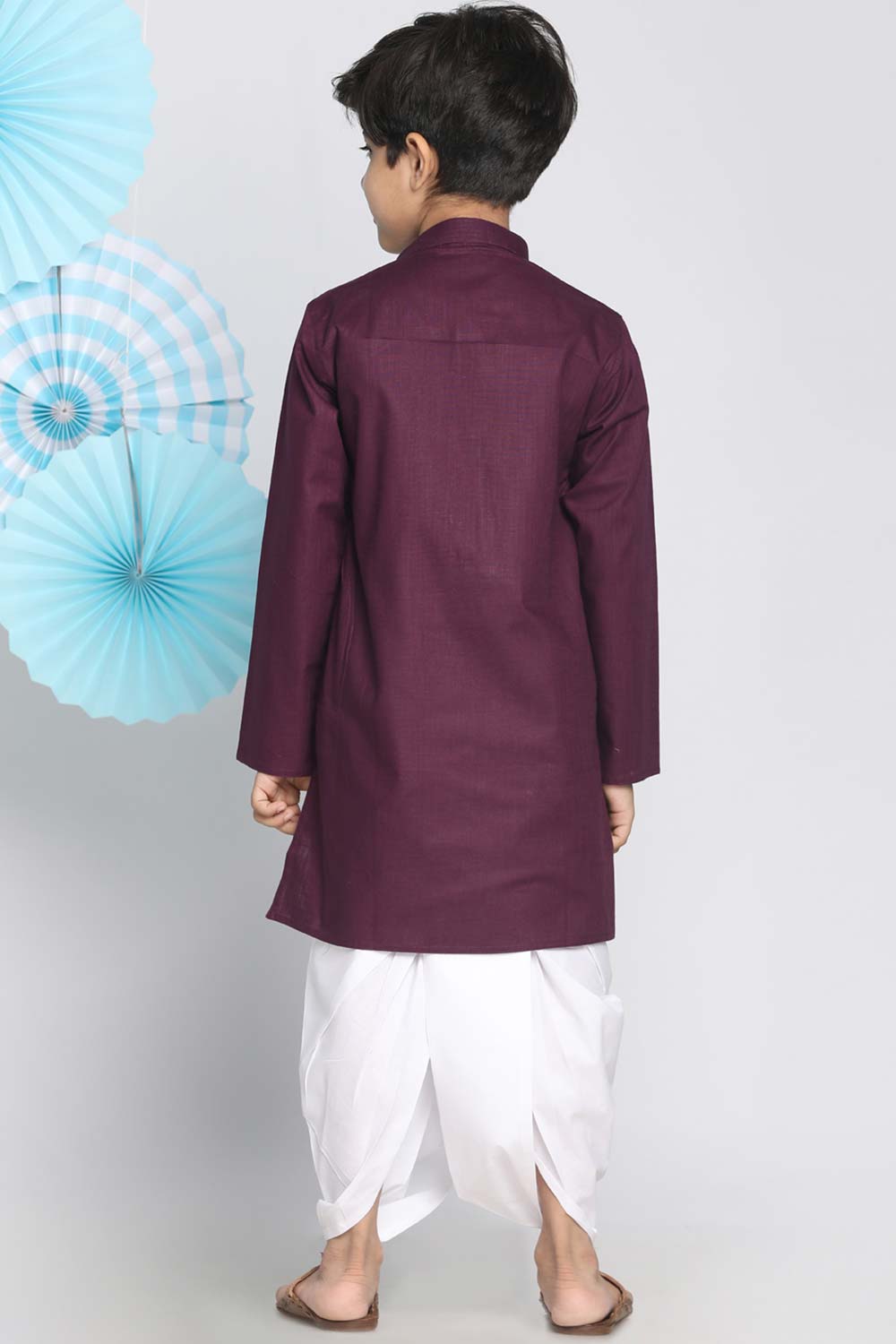 Buy Boy's Cotton Blend Solid Kurta Set in Purple - Back