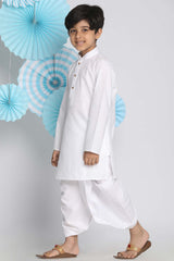 Buy Boy's Cotton Blend Solid Kurta Set in White - Front