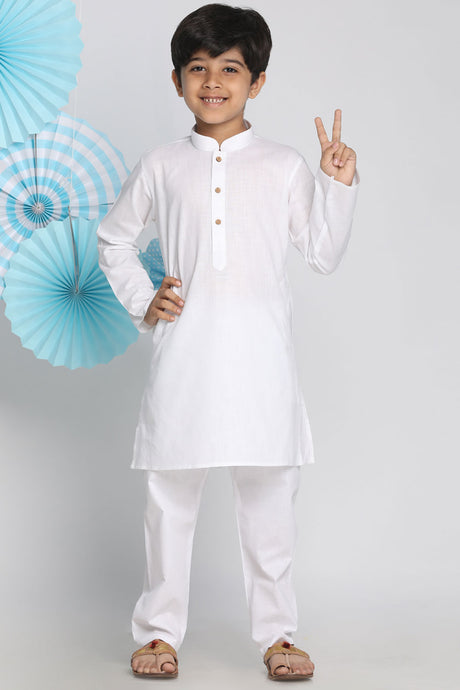Buy Boys Blended Cotton Solid Kurta Pyjama Set in White
