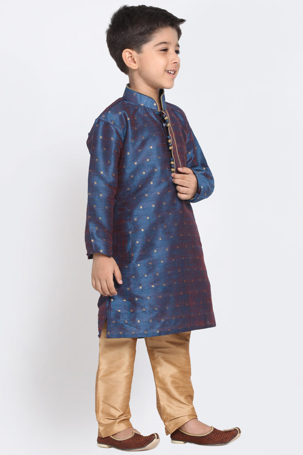 Boy's Cotton Art Silk Kurta Set In Deep Blue