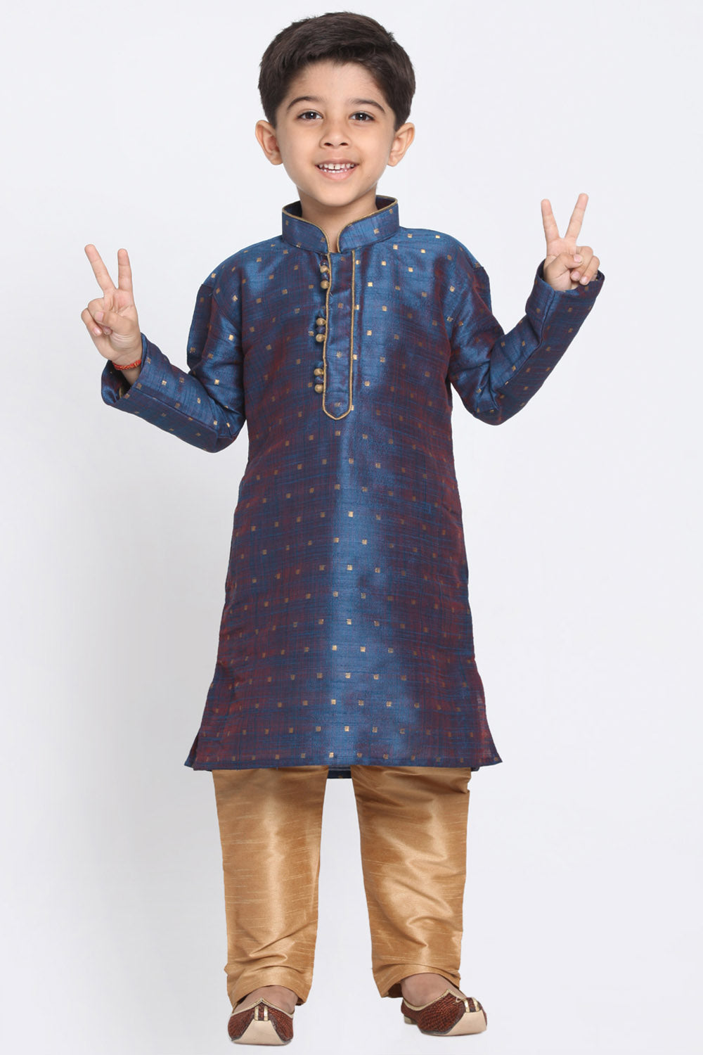 Boy's Cotton Art Silk Kurta Set In Deep Blue