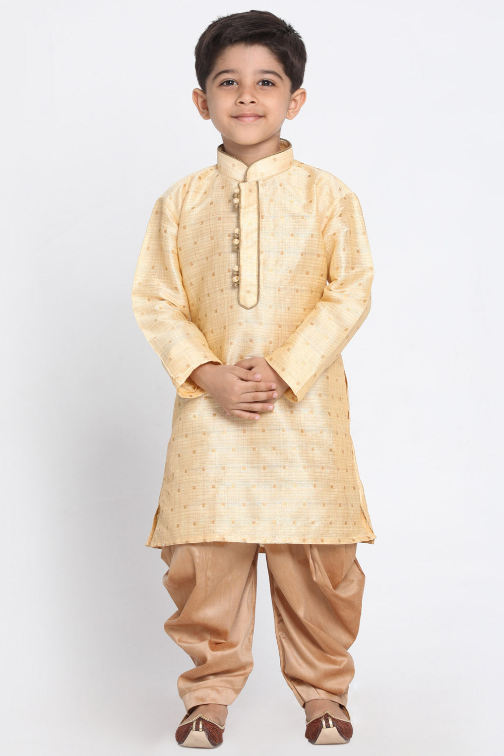 Boy's Cotton Art Silk Kurta Set In Gold