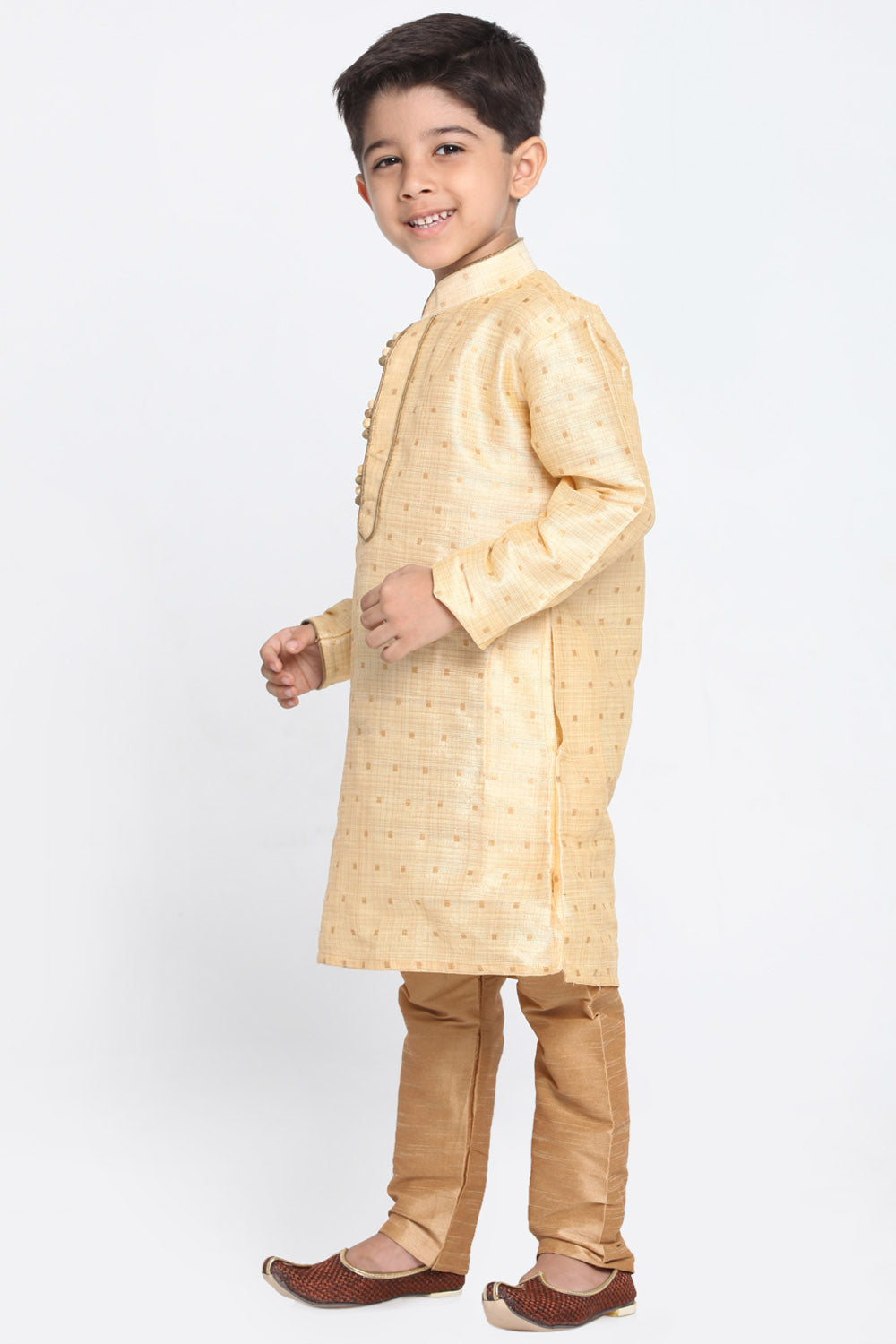 Boy's Cotton Art Silk Kurta Set In Gold