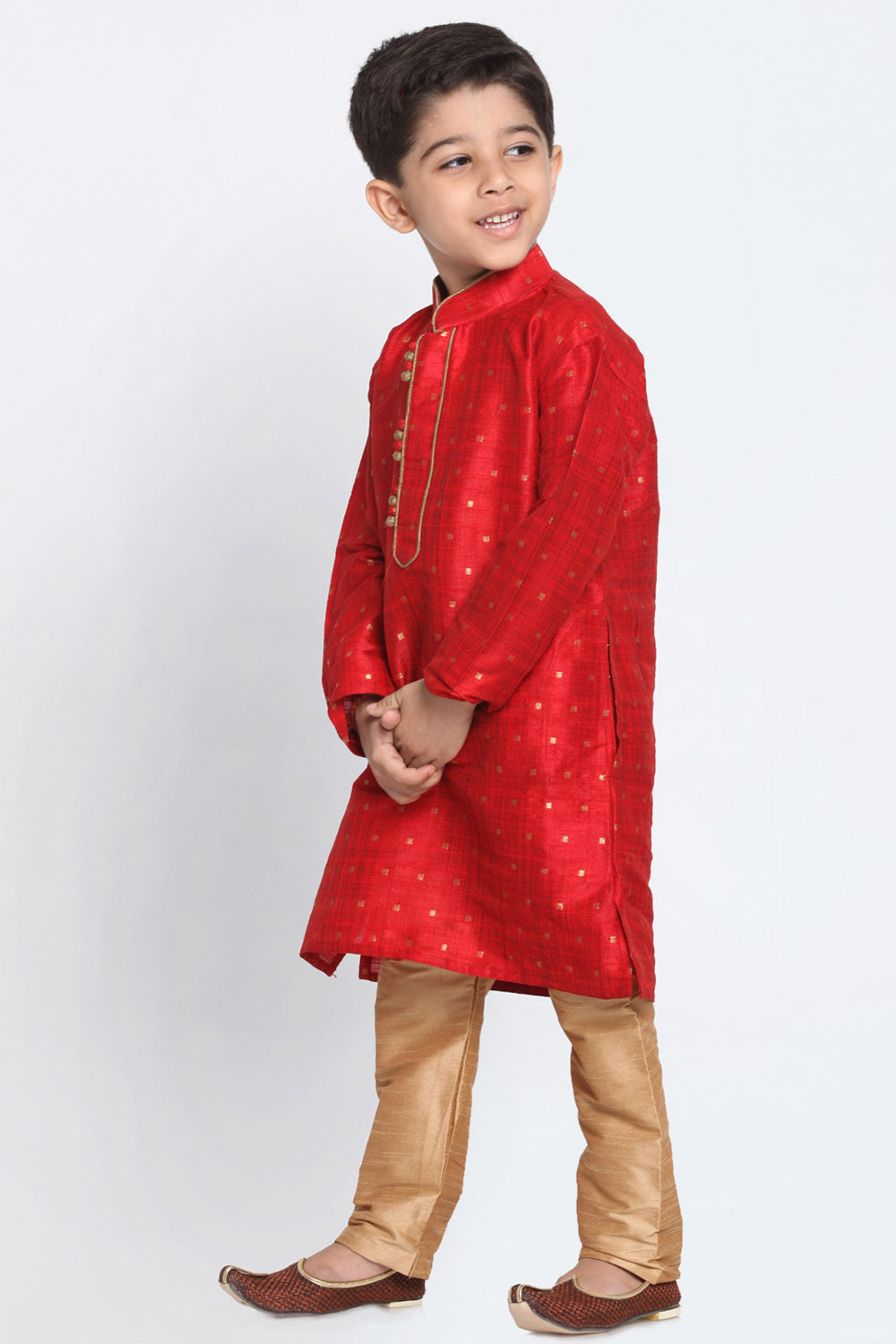 Boy's Cotton Art Silk Kurta Set in Maroon