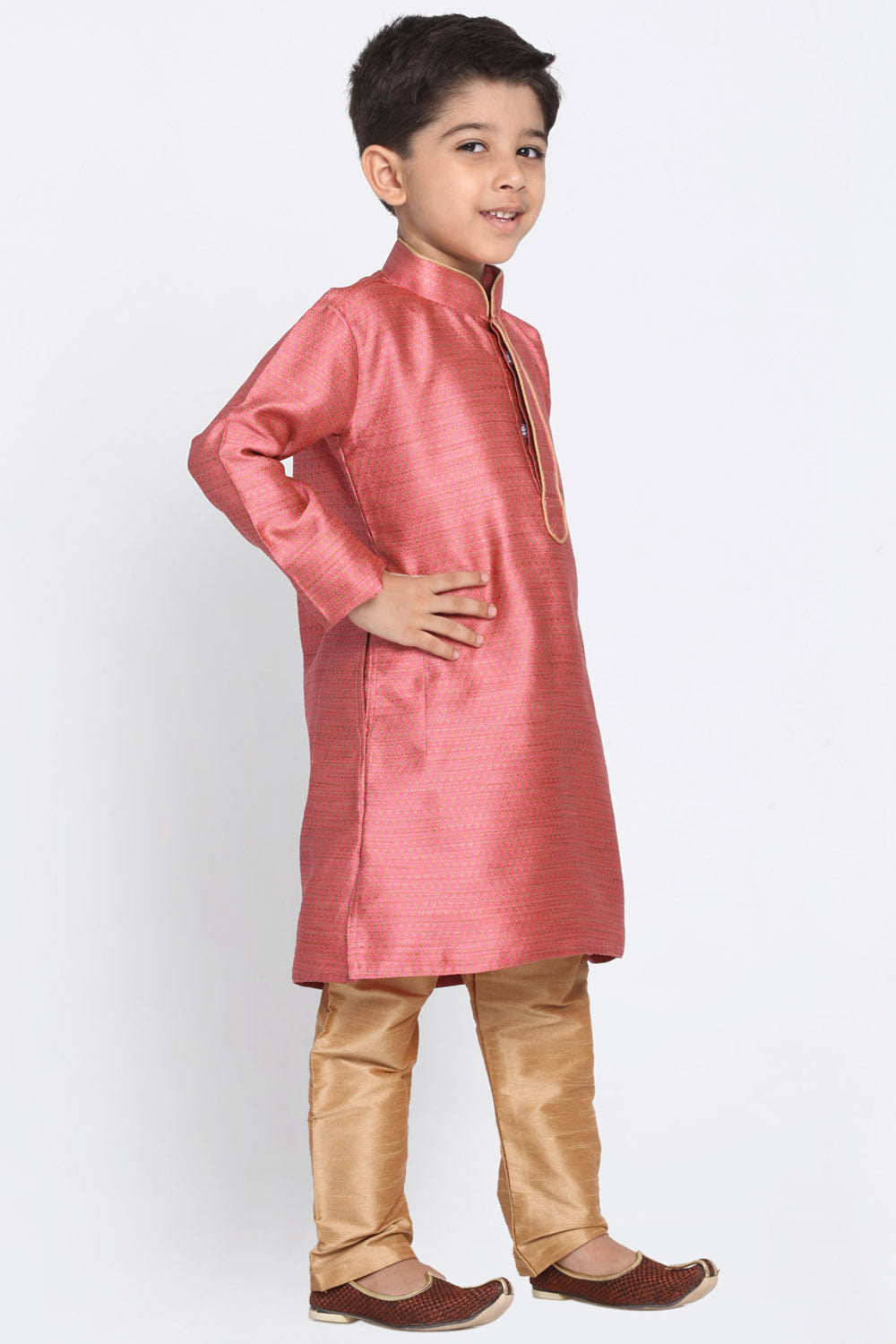 Boy's Cotton Art Silk Kurta Set In Pink