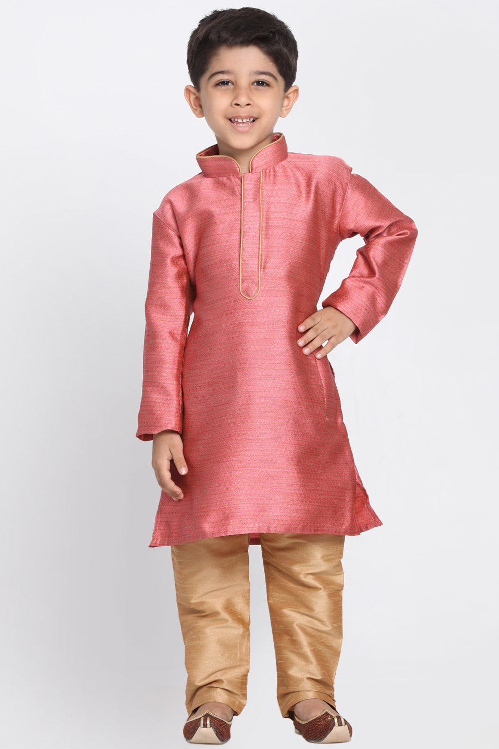 Boy's Cotton Art Silk Kurta Set In Pink