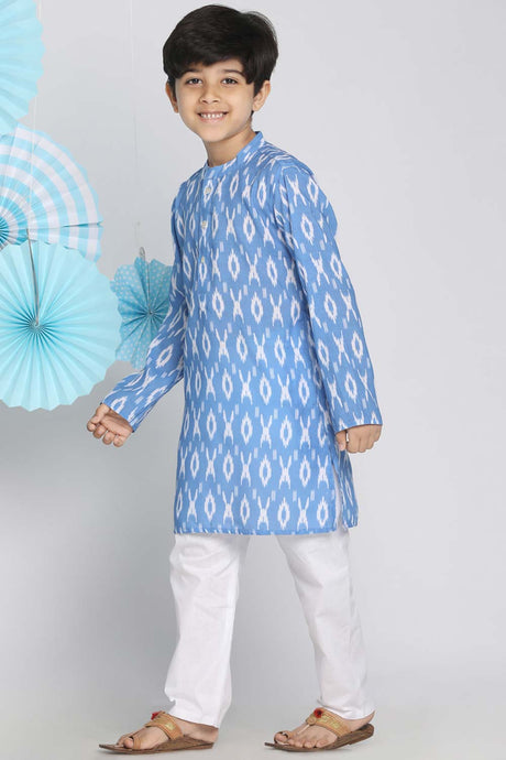 Buy Boy's Cotton Ikkat Kurta Set in Aqua Blue - Front