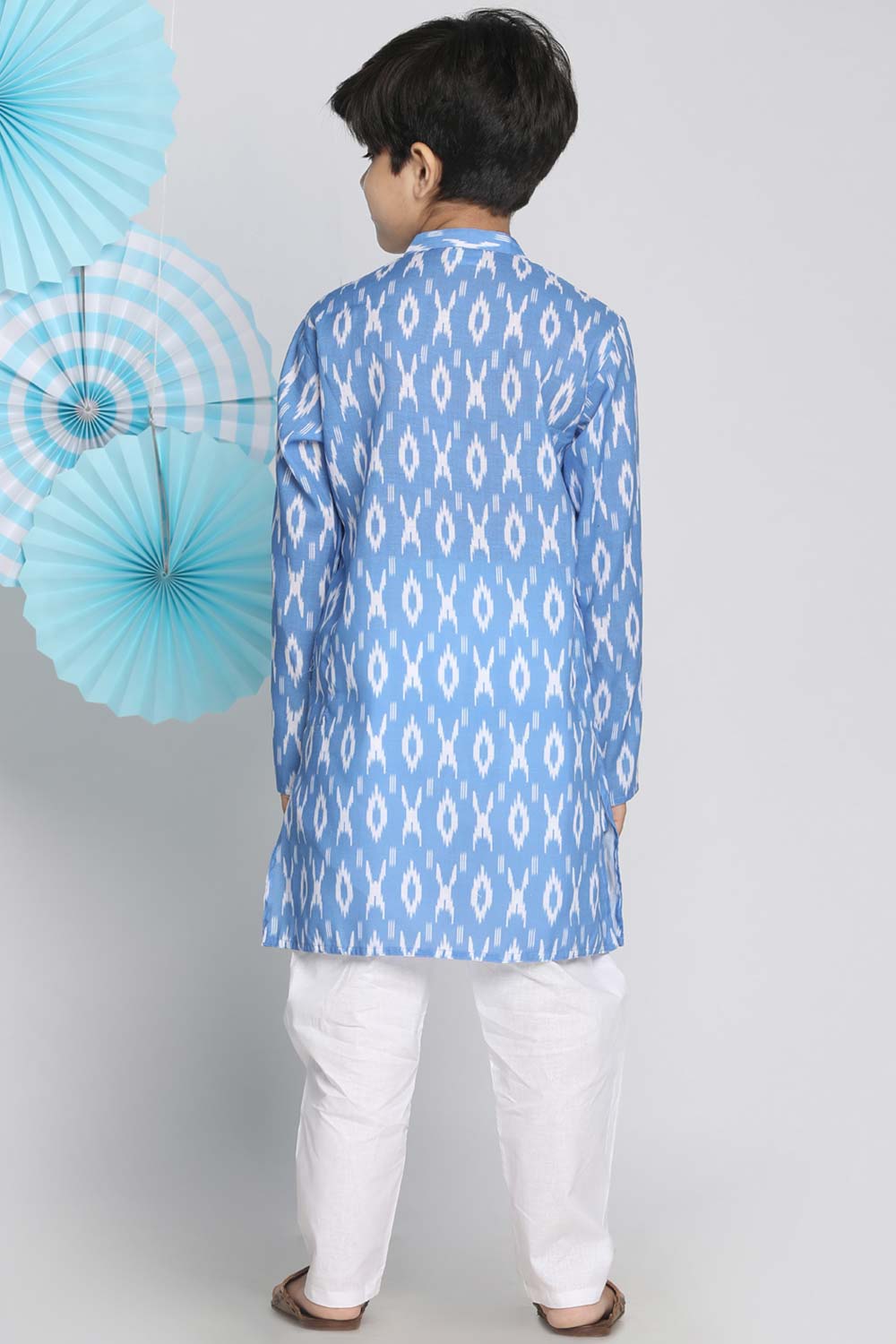 Buy Boy's Cotton Ikkat Kurta Set in Aqua Blue - Back