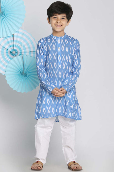 Buy Boy's Cotton Ikkat Kurta Set in Aqua Blue