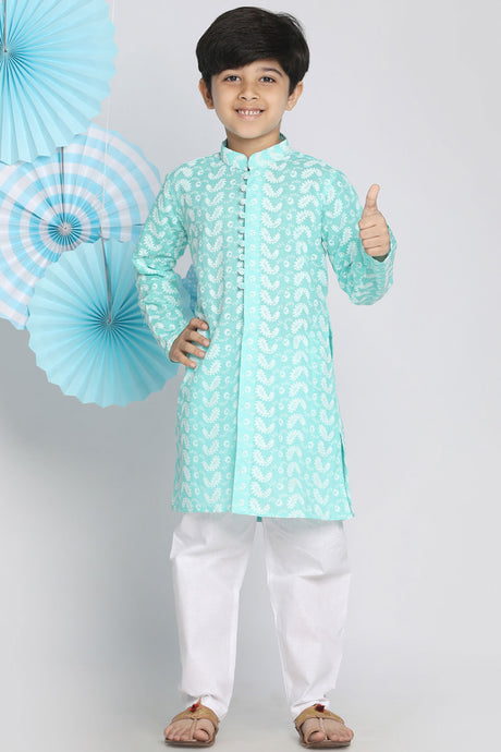 Buy Boys Pure Cotton Embroidered Kurta Pyjama Set in Sea Green
