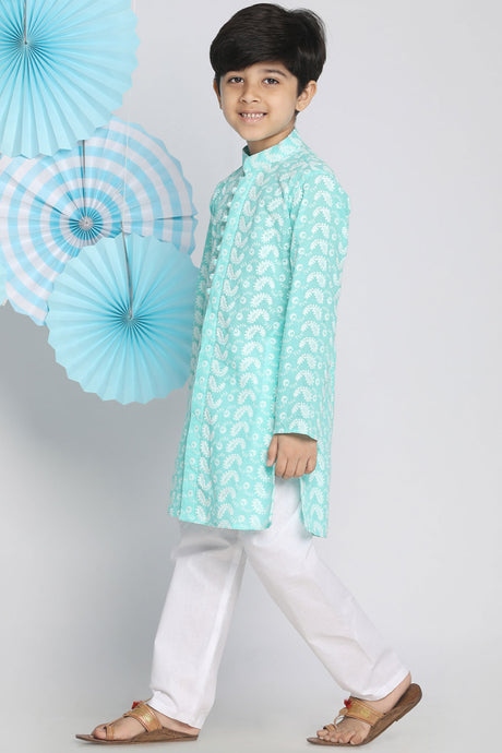 Shop Boys Embroidered Kurta Pyjama Set in Sea Green