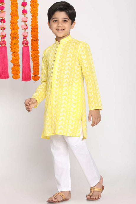 Buy Boy's Pure Cotton Chikan Embroidered Kurta Set in Mustard - Front