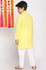 Buy Boy's Pure Cotton Chikan Embroidered Kurta Set in Mustard - Back