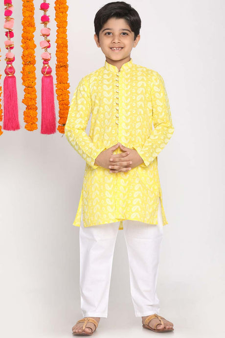 Buy Boy's Pure Cotton Chikan Embroidered Kurta Set in Mustard