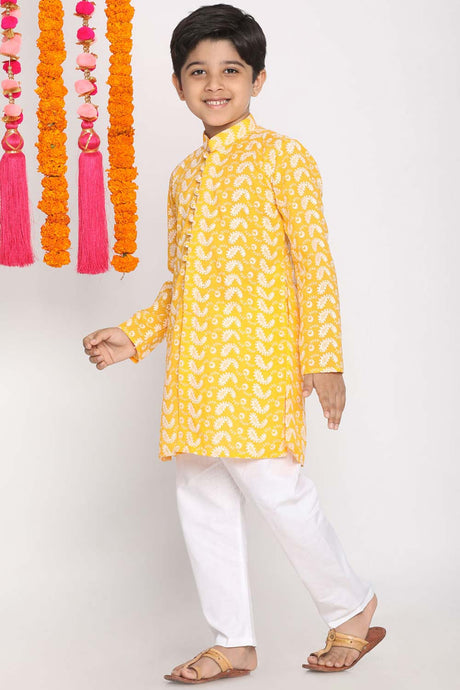 Buy Boy's Pure Cotton Chikan Embroidered Kurta Set in Orange - Front