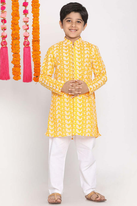 Buy Boy's Pure Cotton Chikan Embroidered Kurta Set in Orange