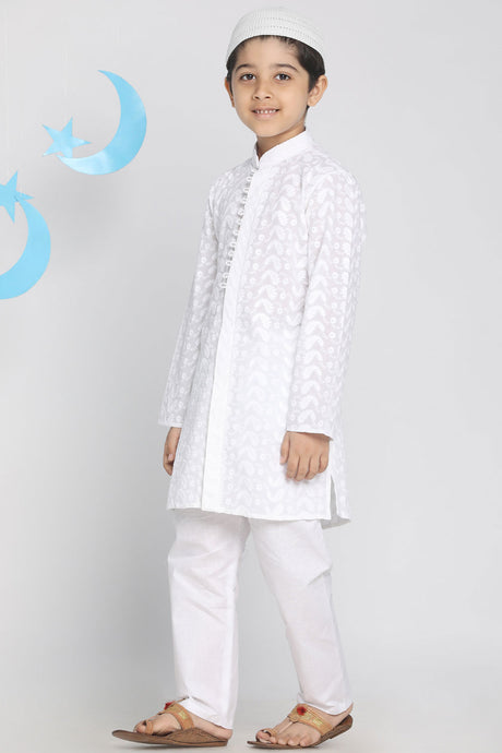Shop Boys Embroidered Kurta Pyjama Set in White