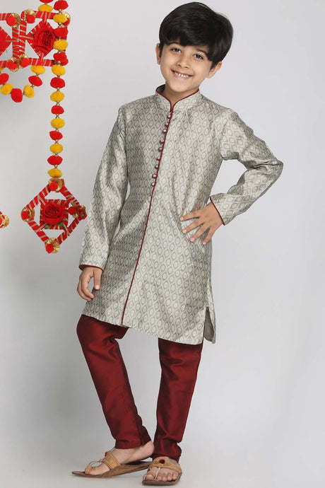 Buy Boy's Silk Blend Woven Design Kurta Set in Beige
