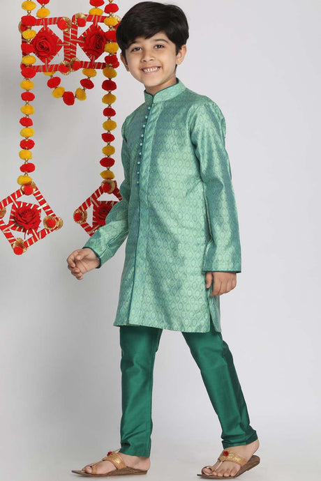 Buy Boy's Silk Blend Woven Design Kurta Set in Green - Front
