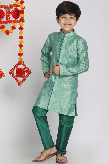 Buy Boy's Silk Blend Woven Design Kurta Set in Green