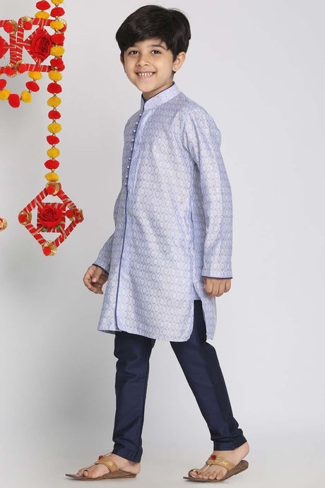 Buy Boy's Silk Blend Woven Design Kurta Set in Lavender - Front