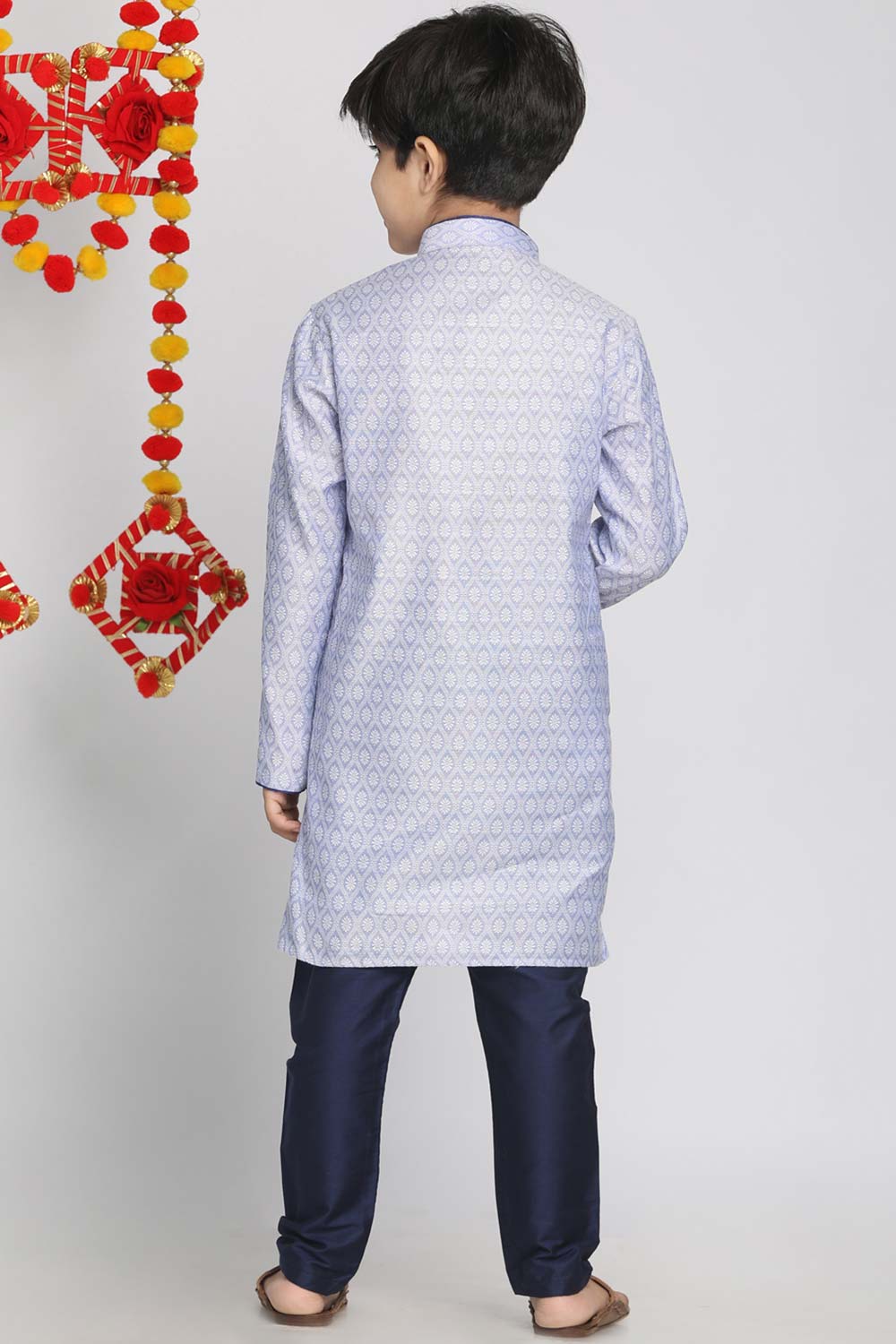 Buy Boy's Silk Blend Woven Design Kurta Set in Lavender - Back