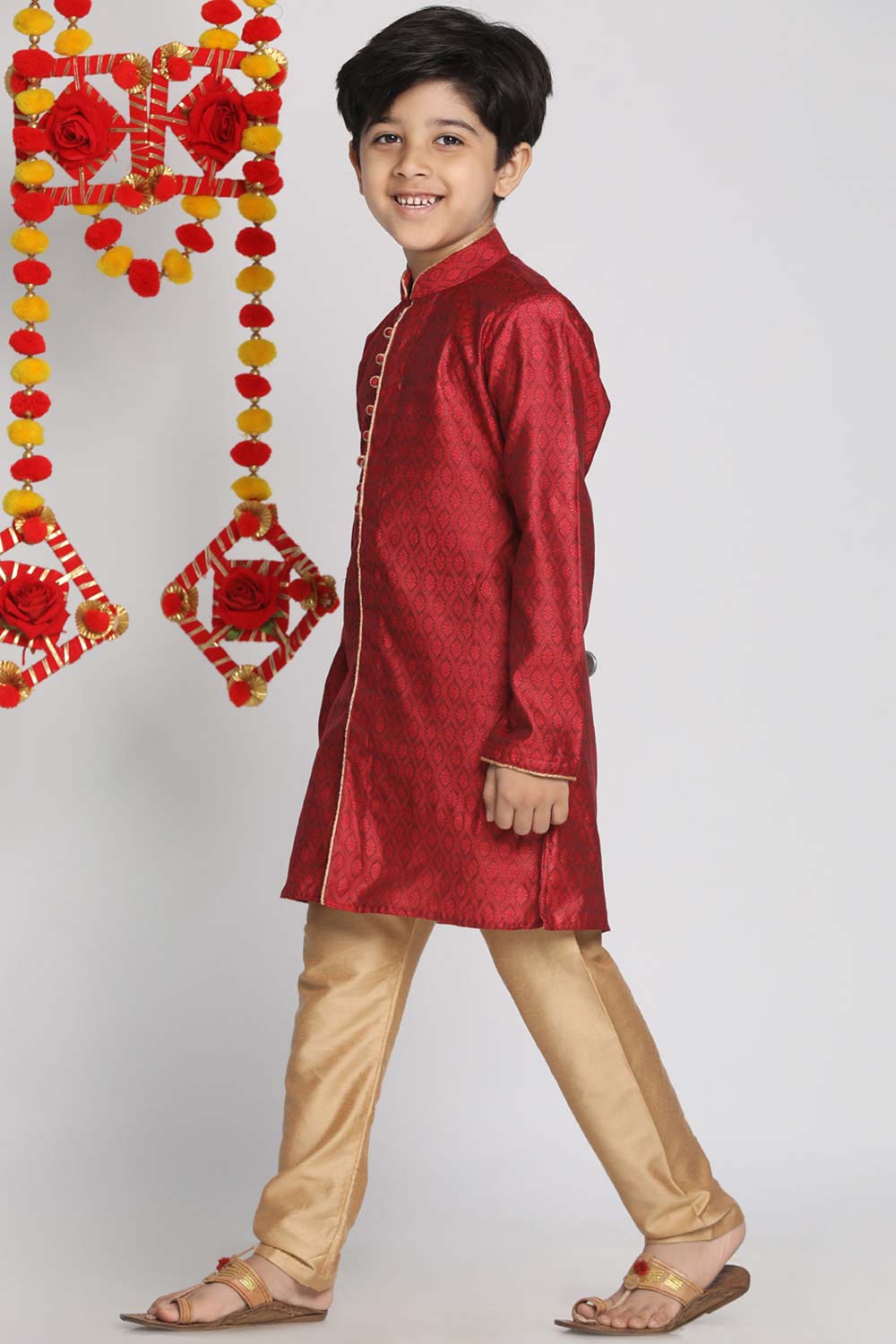 Buy Boy's Silk Blend Woven Design Kurta Set in Maroon - Front