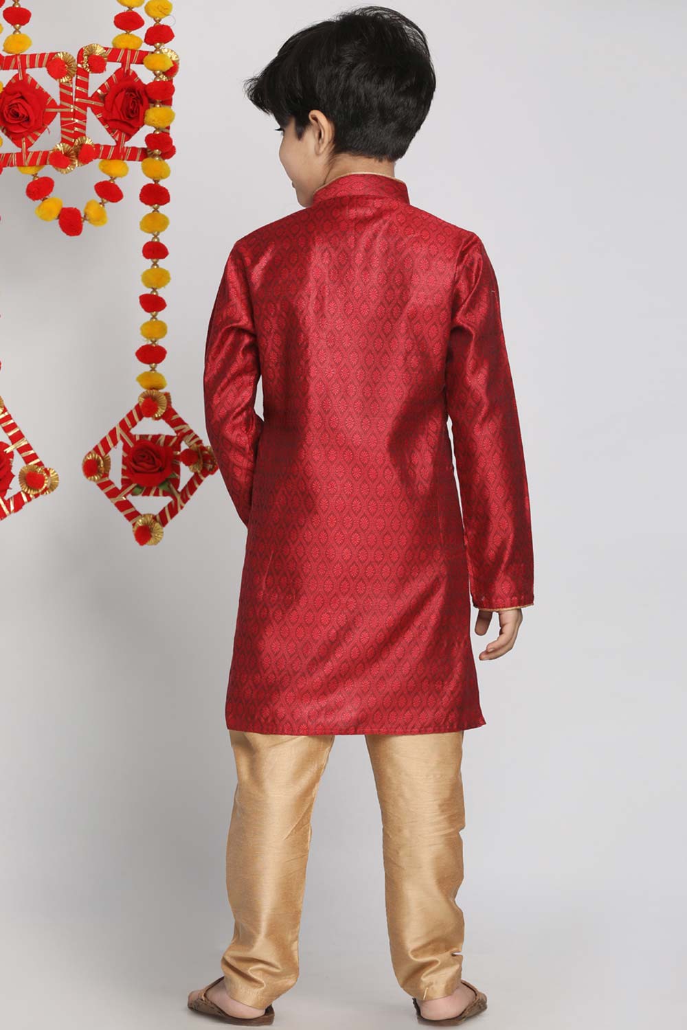 Buy Boy's Silk Blend Woven Design Kurta Set in Maroon - Back