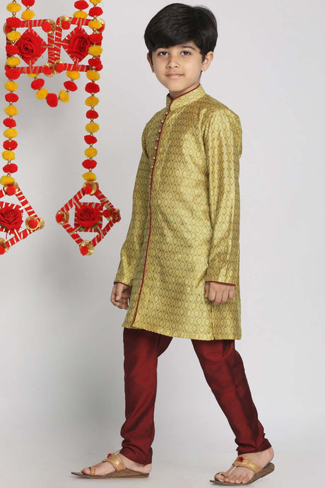 Buy Boy's Silk Blend Woven Design Kurta Set in Yellow - Front