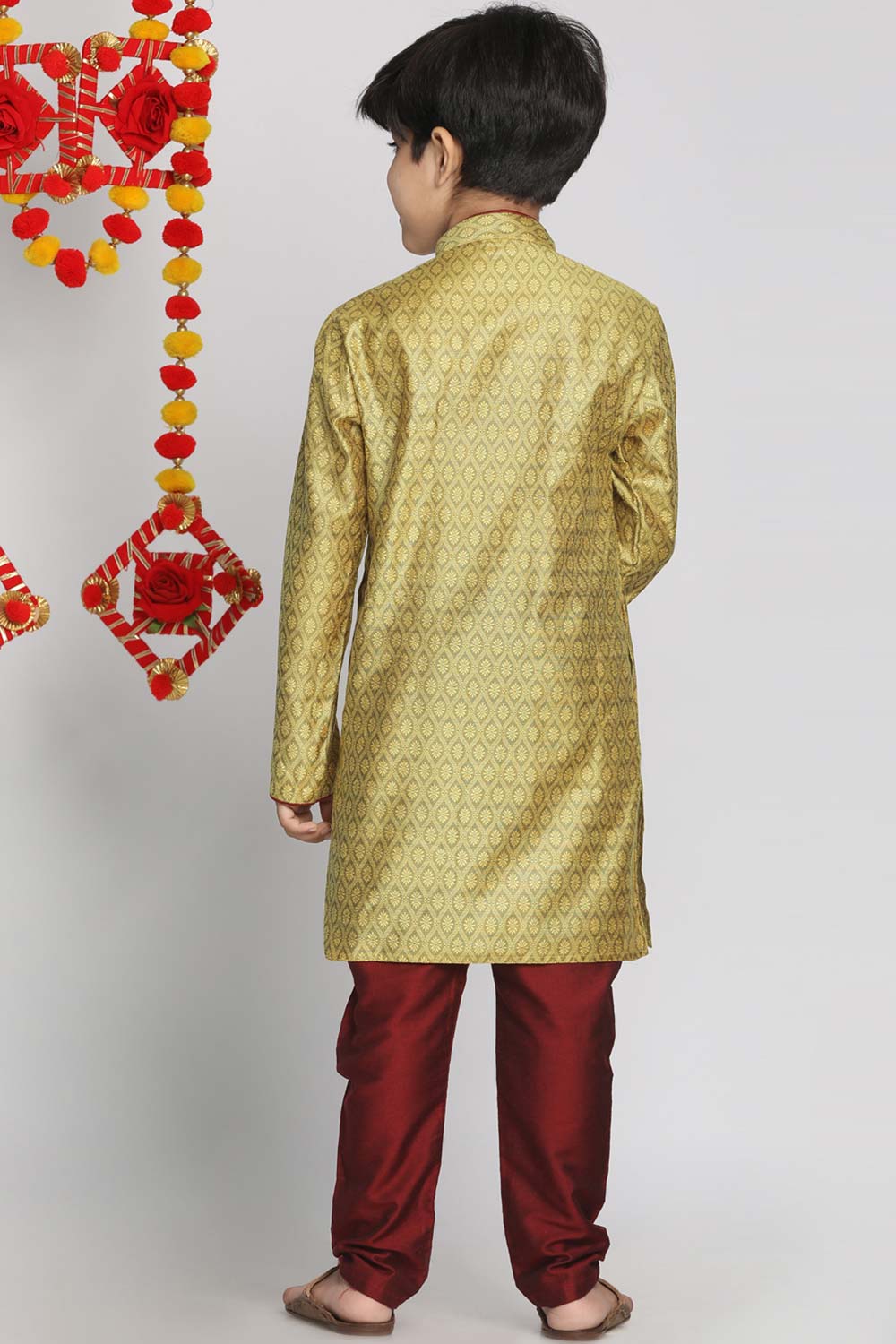 Buy Boy's Silk Blend Woven Design Kurta Set in Yellow - Back